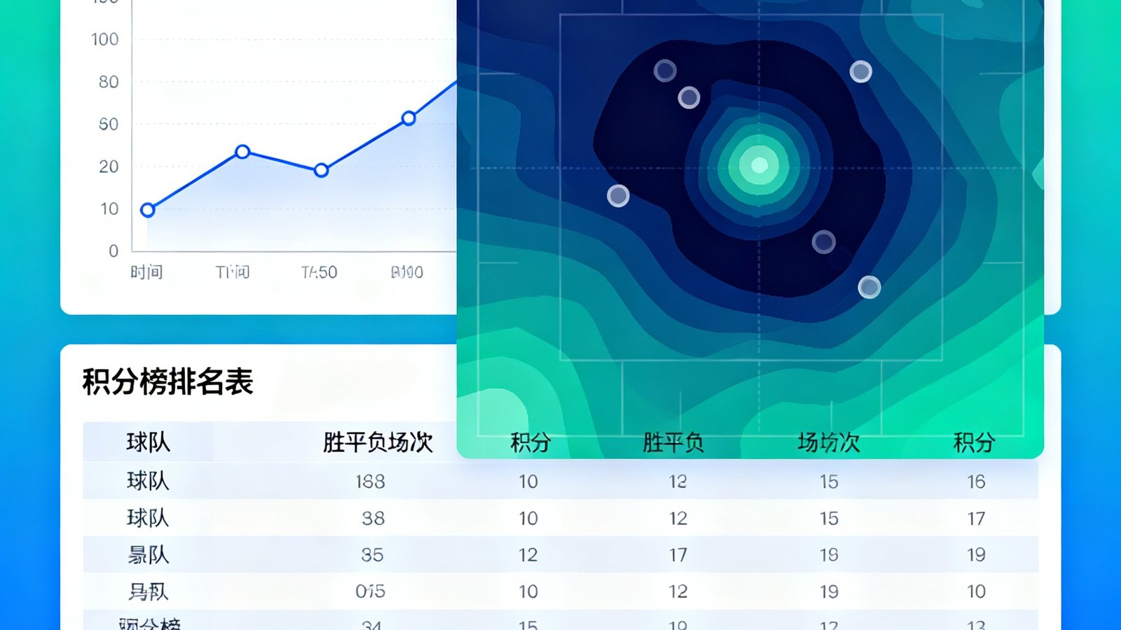历史交锋折线图与积分榜排名表，球员传球热点图覆盖
